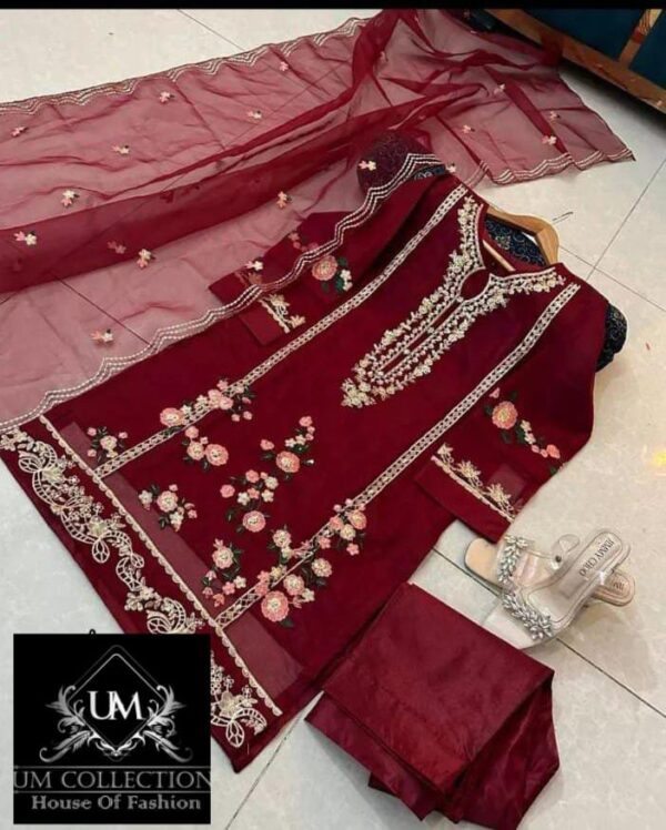 Neck, Sleeves And Daman Flower Embroidery With Pearls Attached On Shirt And Embroidered work Dupatta 3PCs