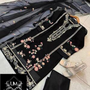 Neck, Sleeves And Daman Flower Embroidery With Pearls Attached On Shirt And Embroidered work Dupatta 3PCs 4