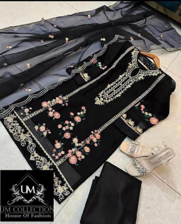Neck, Sleeves And Daman Flower Embroidery With Pearls Attached On Shirt And Embroidered work Dupatta 3PCs - Image 3