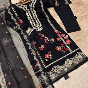 Neck, Sleeves And Daman Flower Embroidery With Pearls Attached On Shirt And Embroidered work Dupatta 3PCs 5