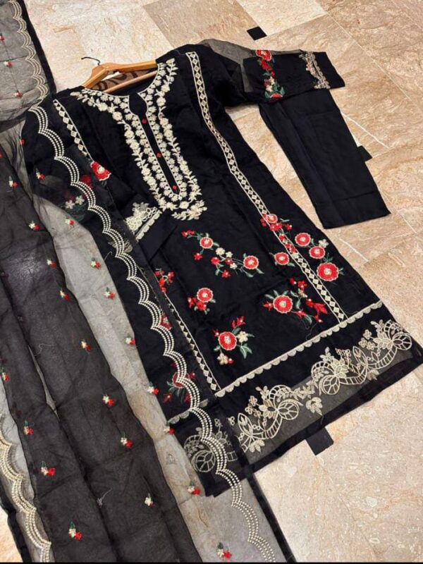 Neck, Sleeves And Daman Flower Embroidery With Pearls Attached On Shirt And Embroidered work Dupatta 3PCs - Image 5