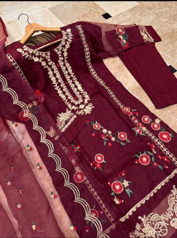 Neck, Sleeves And Daman Flower Embroidery With Pearls Attached On Shirt And Embroidered work Dupatta 3PCs - Image 6