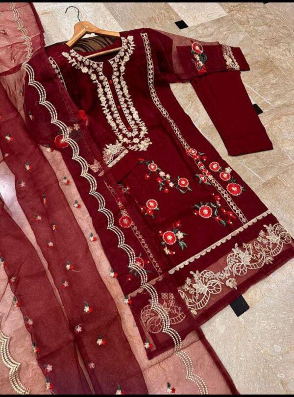 Neck, Sleeves And Daman Flower Embroidery With Pearls Attached On Shirt And Embroidered work Dupatta 3PCs - Image 4