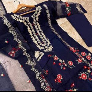 Neck, Sleeves And Daman Flower Embroidery With Pearls Attached On Shirt And Embroidered work Dupatta 3PCs 3