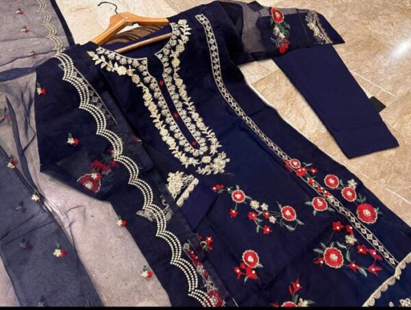 Neck, Sleeves And Daman Flower Embroidery With Pearls Attached On Shirt And Embroidered work Dupatta 3PCs - Image 2