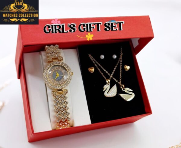 Z&K Gucci-Inspired Girls’ Diamond Stone Jewelry Watch Gift Set