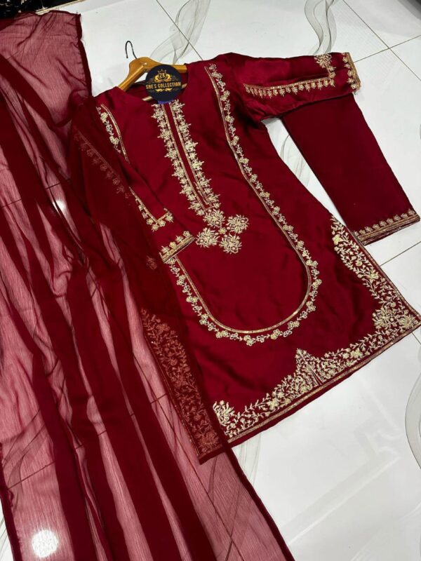 Elegant 3-Piece Sequence Embroidered Silk Suit with Chiffon Dupatta - Image 6