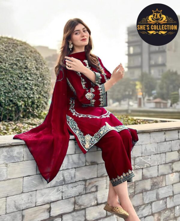 Elegant 3-Piece Sequence Embroidered Silk Suit with Chiffon Dupatta - Image 7