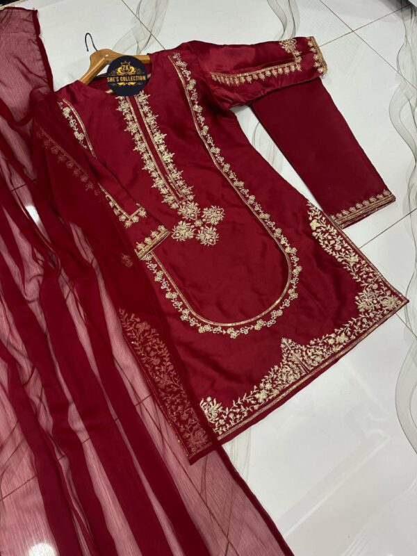 Elegant 3-Piece Sequence Embroidered Silk Suit with Chiffon Dupatta - Image 2