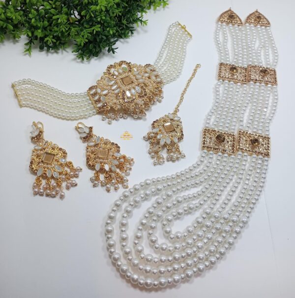Radiate Royalty – Golden Farshi Kundan Choker & Pearl Mala Set - Image 3