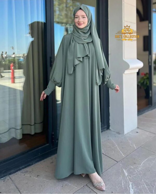 Grace in Every Fold – Olive Georgette Abaya with Matching Stoller - Image 2