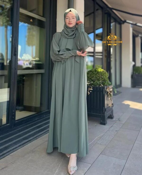 Grace in Every Fold – Olive Georgette Abaya with Matching Stoller - Image 3