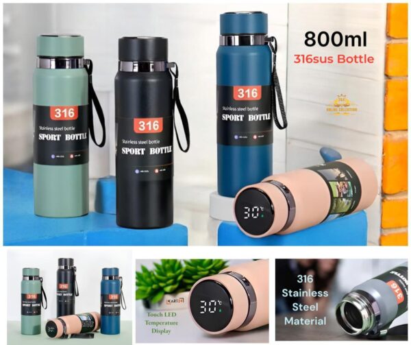Sleek 800ml Stainless Steel Water Bottle with LED Temperature Display – Hot & Cold
