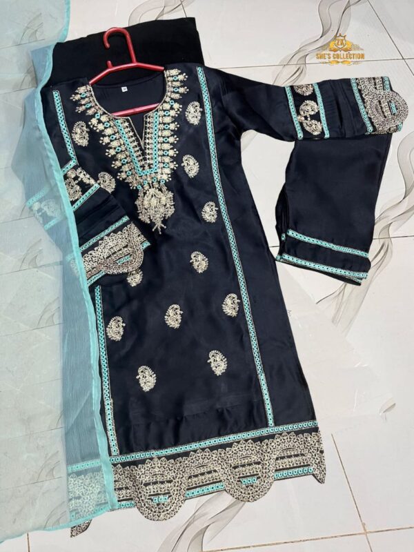 Elegant Kids 3-Piece Silk Embroidered Set with Contrast Dupatta - Image 6