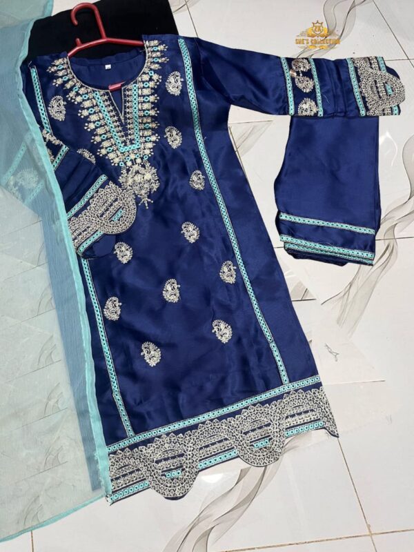 Elegant Kids 3-Piece Silk Embroidered Set with Contrast Dupatta - Image 2