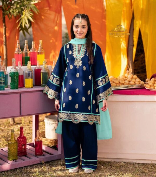 Elegant Kids 3-Piece Silk Embroidered Set with Contrast Dupatta - Image 5