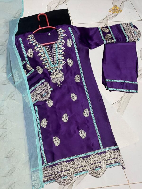 Elegant Kids 3-Piece Silk Embroidered Set with Contrast Dupatta - Image 4