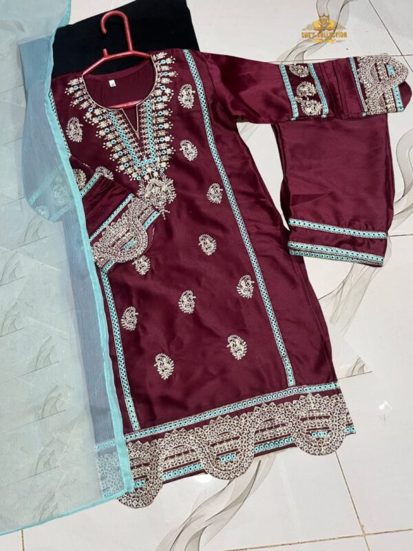 Elegant Kids 3-Piece Silk Embroidered Set with Contrast Dupatta - Image 3