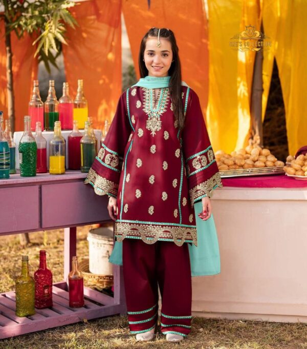 Elegant Kids 3-Piece Silk Embroidered Set with Contrast Dupatta - Image 8