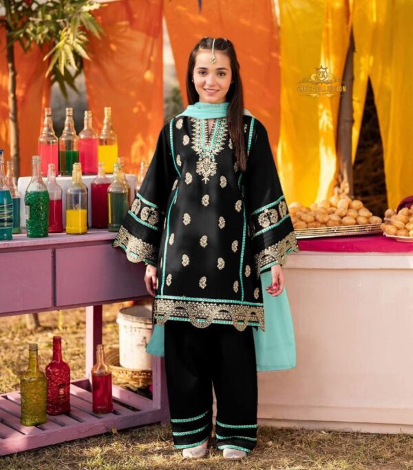 Elegant Kids 3-Piece Silk Embroidered Set with Contrast Dupatta - Image 7