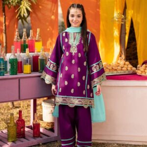 Elegant Kids 3-Piece Silk Embroidered Set with Contrast Dupatta