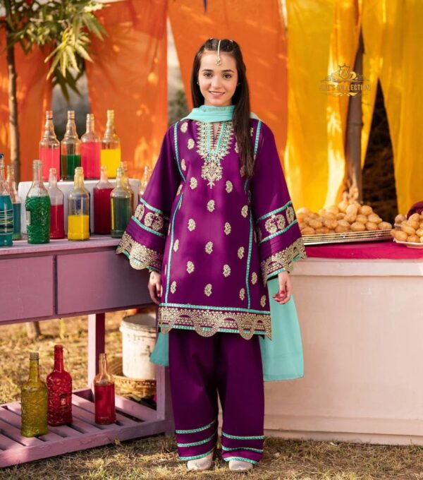 Elegant Kids 3-Piece Silk Embroidered Set with Contrast Dupatta