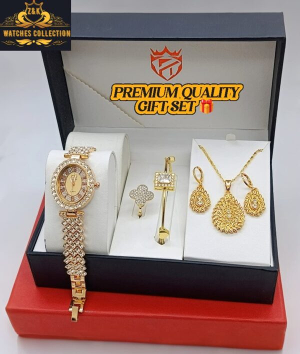 Gold-Plated Diamond Jewelry Watch Set for Girls – Complete Premium Gift Box - Image 3
