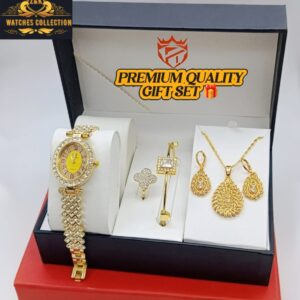 Gold-Plated Diamond Jewelry Watch Set for Girls – Complete Premium Gift Box