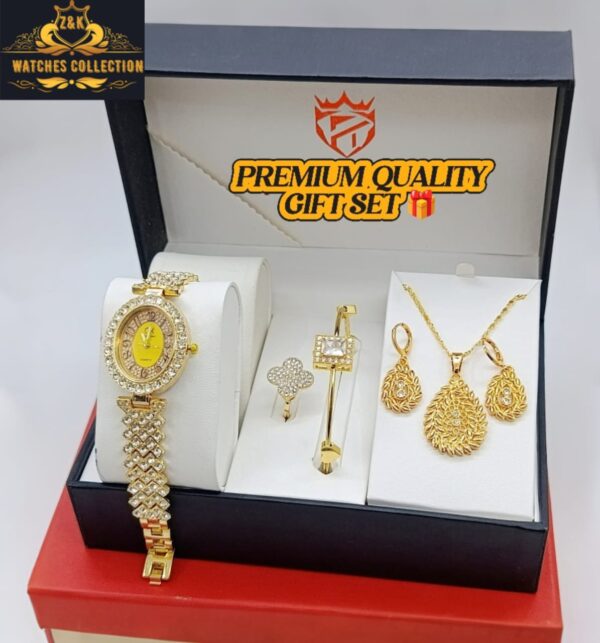 Gold-Plated Diamond Jewelry Watch Set for Girls – Complete Premium Gift Box