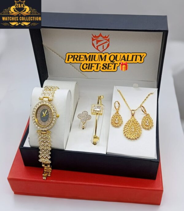 Gold-Plated Diamond Jewelry Watch Set for Girls – Complete Premium Gift Box - Image 2