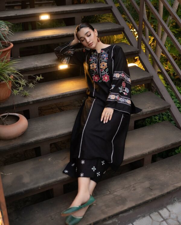 Fresh & Elegant Cottage Embroidered Long Length Summer Suit - Image 2