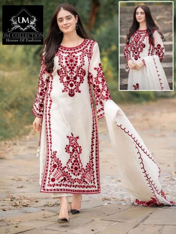 Front Heavy Embroidery Shirt with Frill Style Embroidered Dupatta – 3PCs Set for Just Rs. 2400!