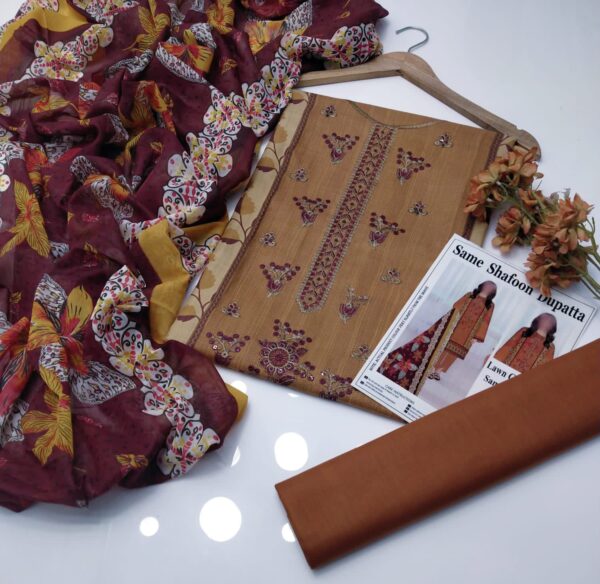 Elegant Summer Lawn Collection 2025 | Embroidered Shirt with Digital Bamber Chiffon Dupatta – 3 Piece Suit with Free Delivery - Image 12