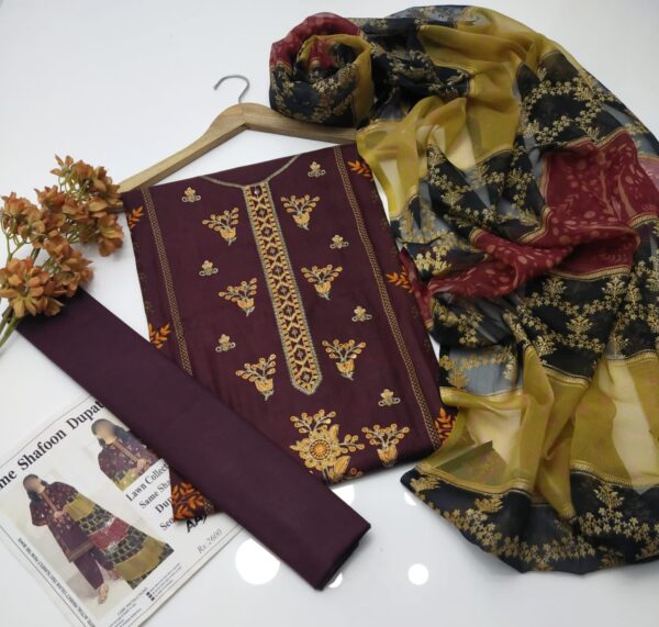 Elegant Summer Lawn Collection 2025 | Embroidered Shirt with Digital Bamber Chiffon Dupatta – 3 Piece Suit with Free Delivery - Image 5