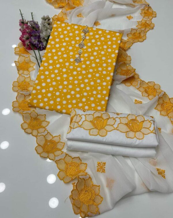 Polka Print Cotton Dress 2025 | Embroidered Chiffon Dupatta & Cotton Trouser – 3 Piece Suit with Free Delivery - Image 2