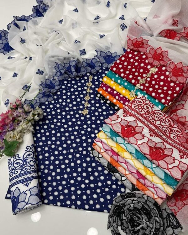 Polka Print Cotton Dress 2025 | Embroidered Chiffon Dupatta & Cotton Trouser – 3 Piece Suit with Free Delivery - Image 7