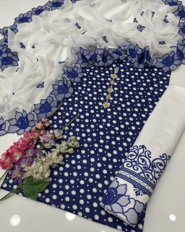 Polka Print Cotton Dress 2025 | Embroidered Chiffon Dupatta & Cotton Trouser – 3 Piece Suit with Free Delivery - Image 4