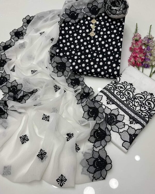 Polka Print Cotton Dress 2025 | Embroidered Chiffon Dupatta & Cotton Trouser – 3 Piece Suit with Free Delivery - Image 8