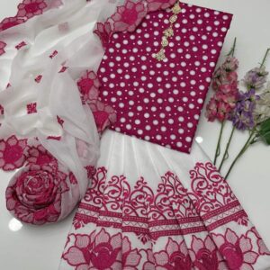 Polka Print Cotton Dress 2025 | Embroidered Chiffon Dupatta & Cotton Trouser – 3 Piece Suit with Free Delivery