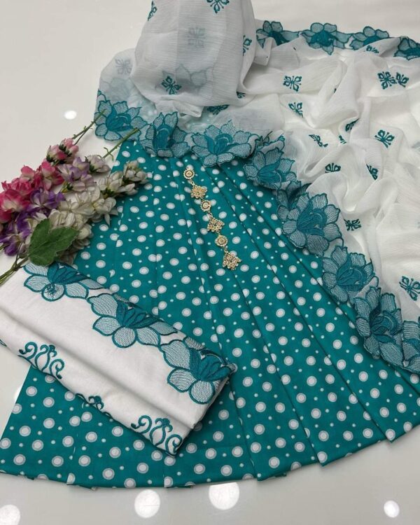 Polka Print Cotton Dress 2025 | Embroidered Chiffon Dupatta & Cotton Trouser – 3 Piece Suit with Free Delivery - Image 6