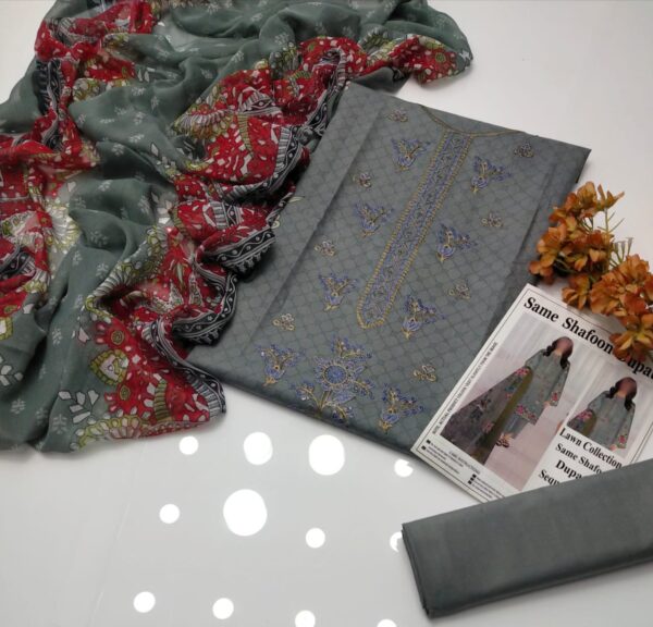 Elegant Summer Lawn Collection 2025 | Embroidered Shirt with Digital Bamber Chiffon Dupatta – 3 Piece Suit with Free Delivery - Image 2