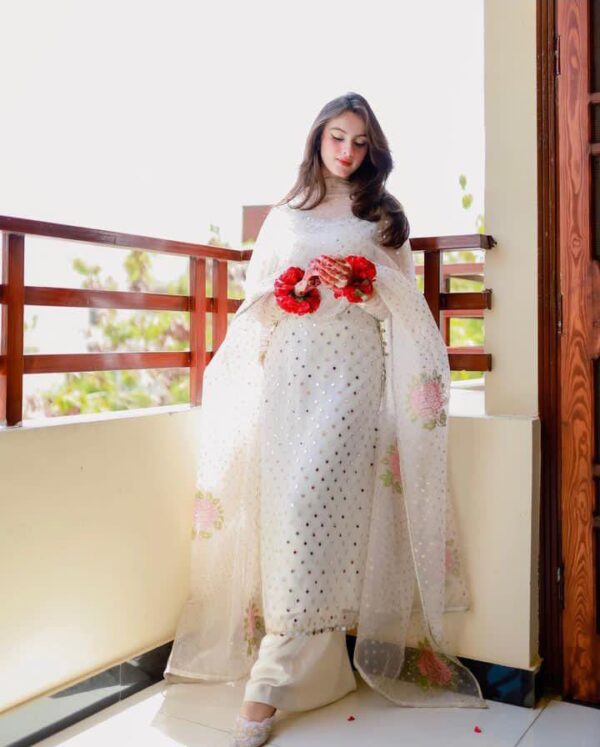 Hot Mirror Work Dress 2K25 | Heavy Handmade Organza 3-Piece with Paint Brush & Katan Silk – Premium Fancy Wear - Image 4